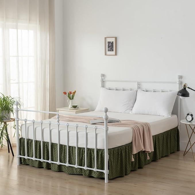 Tufted Dot Bed Skirt Queen Size Ruffled Bed Skirt with Split Corners, 16 Inch Drop Dust Ruffle Bed Skirts with Platform, Olive Green