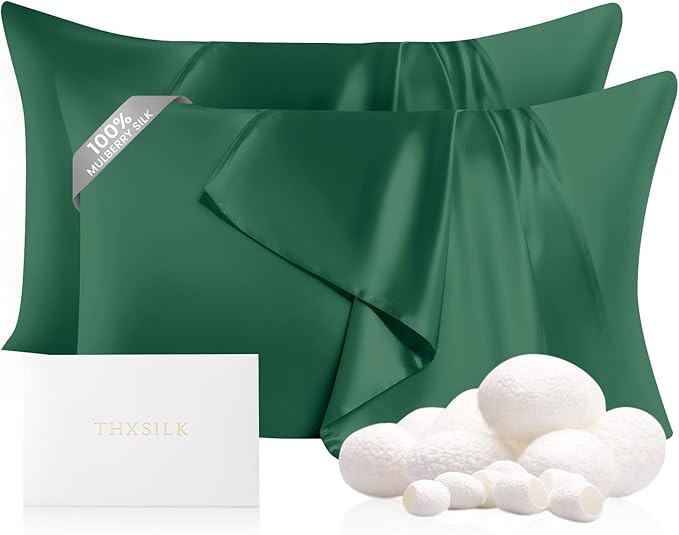 THXSILK Set of 2 100% 22 Momme Mulberry Silk Pillowcases for Hair and Skin Heath, Best Gift Choice, Grade 6A+ Silk Both Sides, Silk Pillow Cover with Zipper, 2pcs (King 20"x36", Emerald Green)
