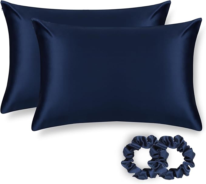 ALASKA BEAR Silk Pillowcase for Hair and Skin, Set of 2 Pure Genuine 22 Momme Mulberry Silk Pillow Cases Queen Size for Bliss Sleep Better Than Poly Satin, Zipper Closure(2pc, Navy)