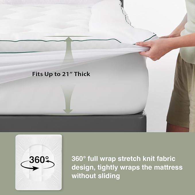 Novilla California King Mattress Topper, Extra Thick Pillow Top Mattress Pad with Down Alternative, Breathable Mattress Cover with for 8-21", Machine Washable Fitted Mattress Protector – Green-White