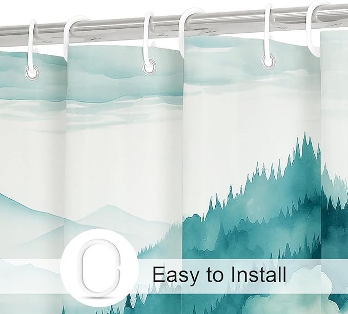 Teal Blue Misty Pine Forest Shower Curtain, Mountain Foggy Woodland Scenery Tree Shower Curtains for Chic Rustic Bathroom, Turquoise Abstract Waterproof Nature-Themed Decor, 72x72 Inches