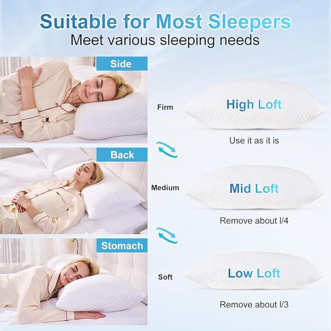 NTCOCO Cooling Bed Pillows for Sleeping Shredded Memory Foam Adjustable Gel for Side Stomach Back Sleepers Washable Removable Cover Standard Size Pack of 2