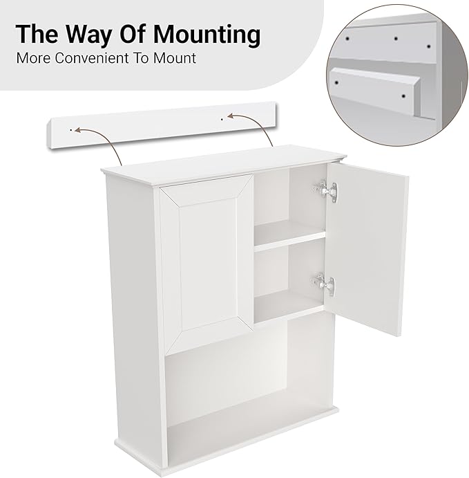 Bathroom Wall Cabinet Wooden with 2 Doors,Over the Toilet Storage Cabinet,Bathroom and Laundry Wall Mount Storage Medicine Cabinet with Open and Adjustable Shelf,Easy Assembly (Style A -1 PC, White)