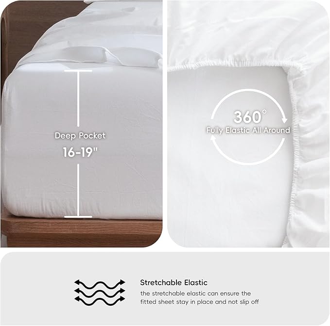 MooMee Bedding Sheet Set 100% Washed Cotton Linen Like Textured Breathable Durable Soft Comfy (Solid Bright White, Twin XL)