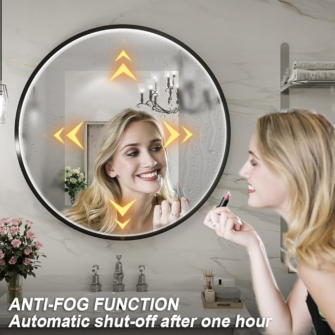 24" Round LED Bathroom Mirror, Dimmable Anti-Fog Vanity Mirror with Touch Control, 6000K Natural Light, Black Metal Frame, Wall Mounted for Makeup Shaving (IP54, 90+ CRI)