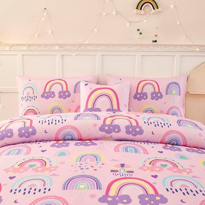 ANGIYUIN 6 Pieces Full Size Kids Comforter Set for Girls Colorful Rainbow Bed in A Bag with Sheets Cute Cartoon Clouds, Stars, Love Hearts Printed Bedding Set for All Season, Pink, Full