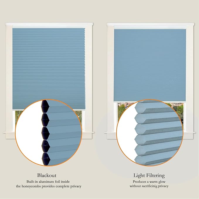 Persilux Light Filtering Cellular Window Shades Cordless Shades Bottom up UV Protection Room Darkening Honeycomb Blinds for Windows, Home and French Doors, Blue, 27" W x 80" H