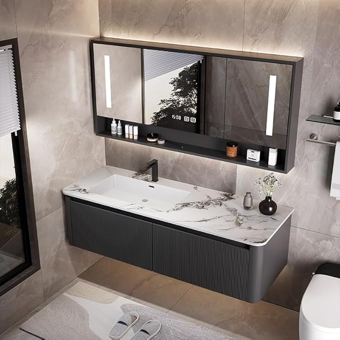 Bathroom Vanity Cabinet, 44" Bathroom Vanity with Sink & Intelligent Defog LED Mirror, Solid Wood Float Vanities, Wall-Mount Bathroom Cabinet with Drawer, Undermount Single Sink, Faucet, Drain(Black)