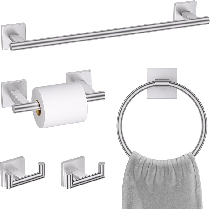 Brushed Nickel Bathroom Hardware Towel Bar Set, 5 Pieces Double Dase Toilet Paper Holder Bathroom Hardware Set, 23.6 Inch Stainless Steel Towel Racks for Bathroom Wall Mounted