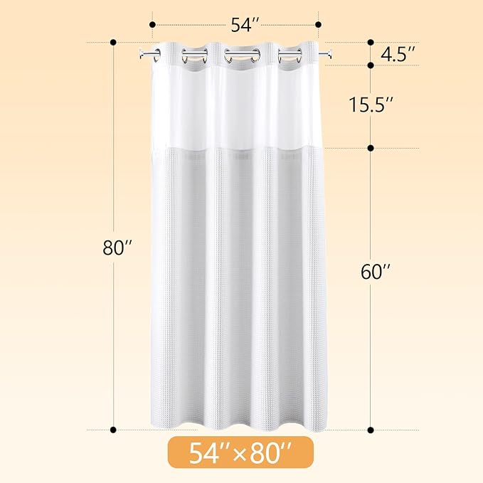 River Dream White Fabric Shower Curtain Set, Cotton Blend, Waffle Weave, with Snap in Replacement Liner，54 x 80 inches