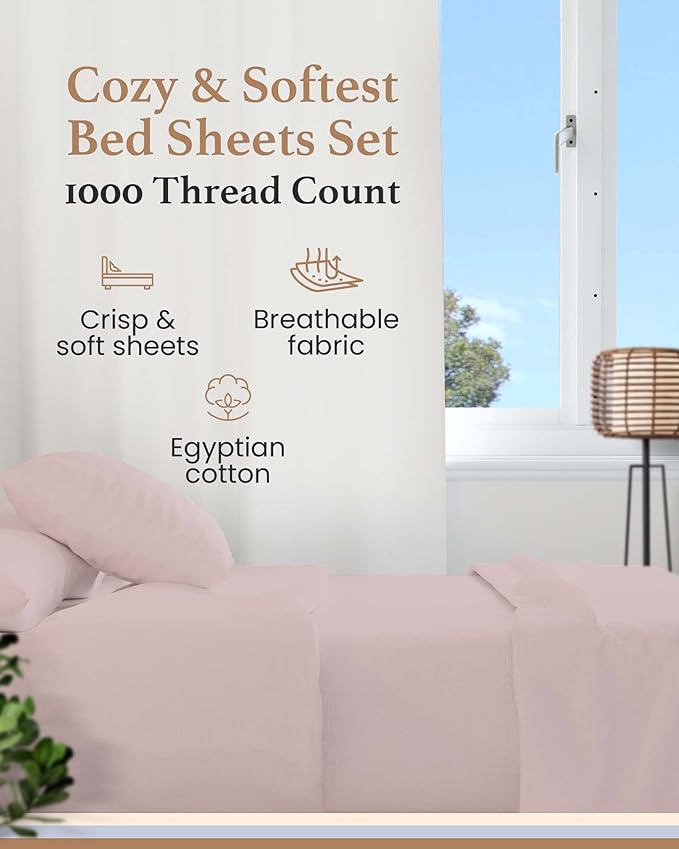 Good Sleep Bedding Split King Sheets Sets for Adjustable Bed Cotton, Luxury Sheets, Egyptian Cotton Sheets, 5 Piece 100% Cotton Split King Sheet Set, Sateen Sheetss, 2 Fitted - 16" Deep Pocket, Blush