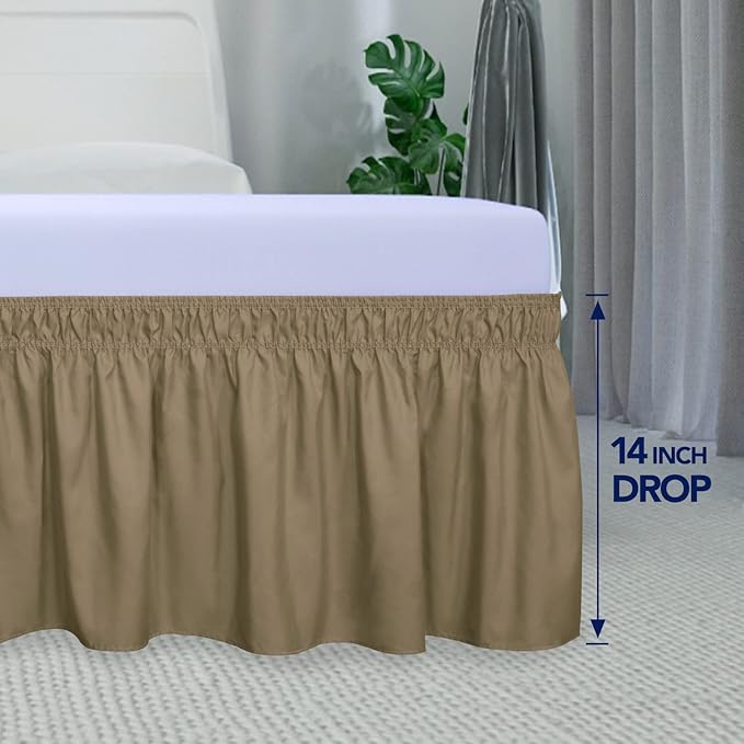PureFit Wrap Around Ruffled Bed Skirt with Adjustable Elastic Belt - 14 Inch Drop Easy to Put On, Wrinkle Free Bedskirt Dust Ruffles, Bed Frame Cover for Twin, Twin XL and Full Size Beds, Camel