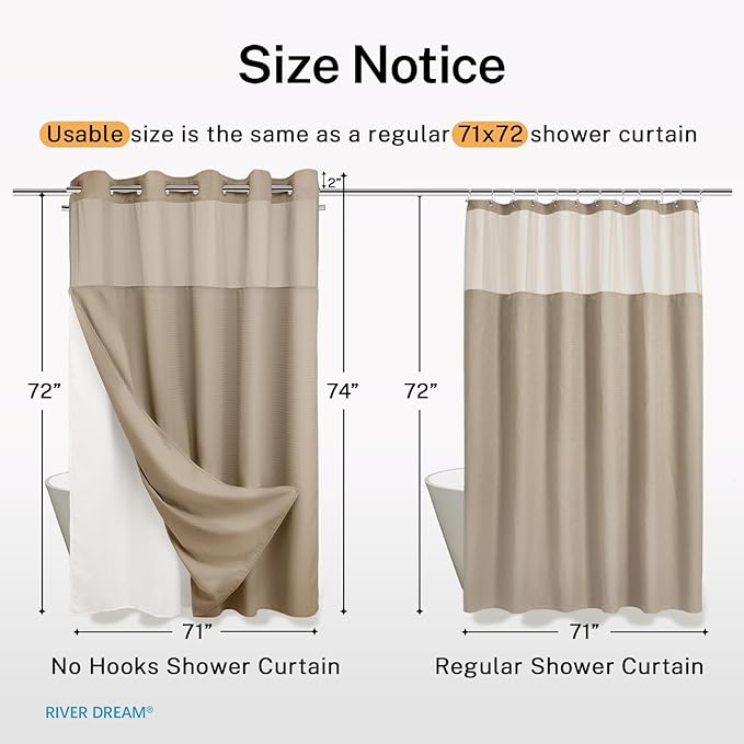 River Dream Heavyweight No Hooks Required Dotted Waffle Weave Shower Curtain with Snap in Liner - 71W x 74H,Hotel Grade,Spa Like Bath Curtain,Linen