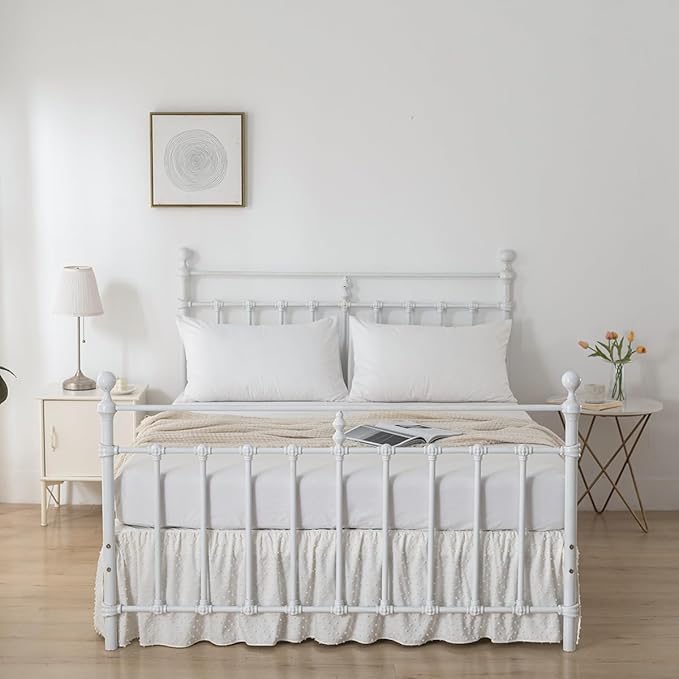 Tufted Dot Bed Skirt Full Size Ruffled Bed Skirt with Split Corners, 14 Inch Drop Dust Ruffle Bed Skirts with Platform, Ivory