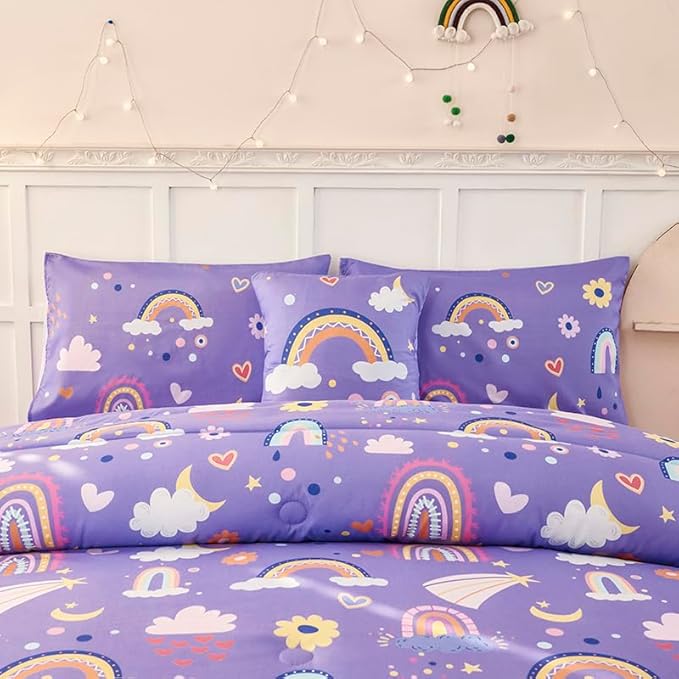 ANGIYUIN Purple Kids Full Size Bedding Set Colorfurl Rainbow and Clouds Girls Bed in A Bag with Sheets Cartoon Saleboat Stars Kid Bed Set for Girl Soft Microfiber Comforter Set, Purple, Full