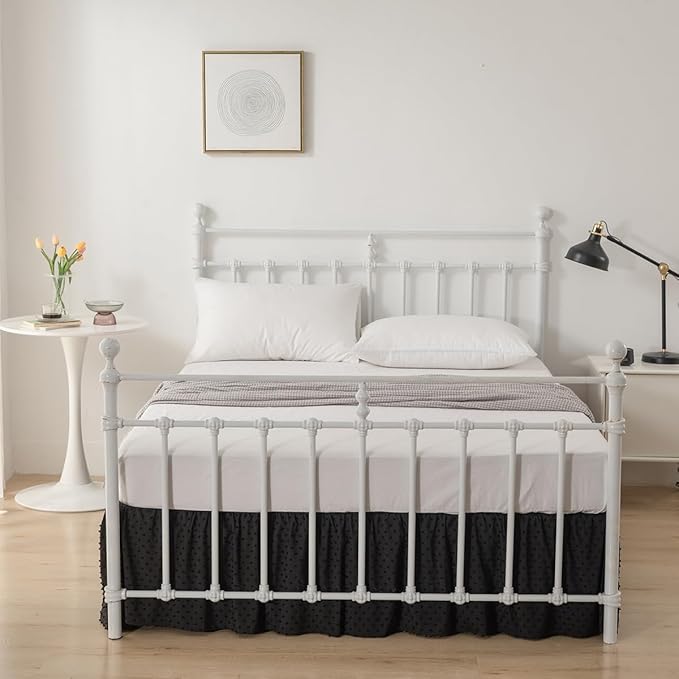 Tufted Dot Bed Skirt Full Size Ruffled Bed Skirt with Split Corners, 14 Inch Drop Dust Ruffle Bed Skirts with Platform, Black