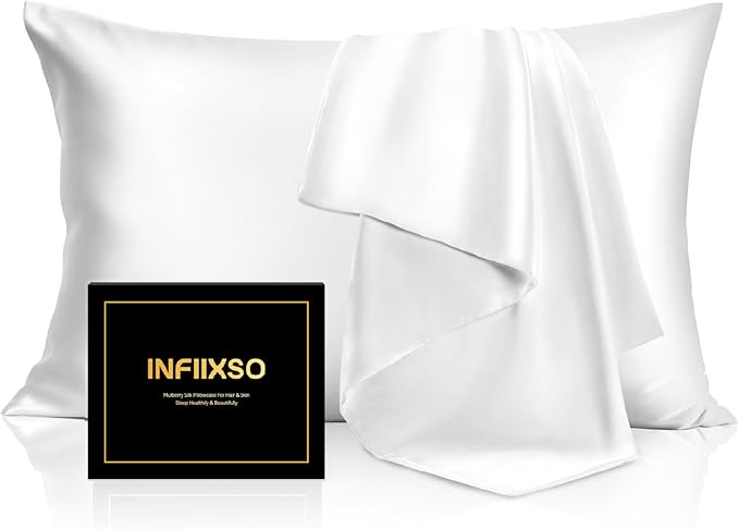 INFIIXSO Mulberry Silk Pillowcase 2 Count, Silk Pillow Cases Queen Size Set with Hidden Zipper 20x30 Inches, Ultra Smooth and Soft Cooling Pillow Cases for Hot Sleepers (White, 2 Count)