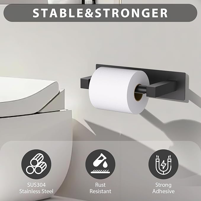 Black Self Adhesive Toilet Paper Holder, Stainless Steel Bathroom Toilet Paper Holder Stick On Wall Mount, Commercial Toilet Paper Dispenser Peel and Stick Toilet Paper Holder Adhesive
