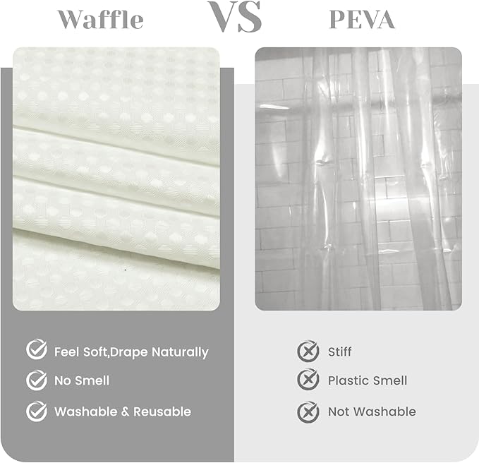 No Hook Shower Curtain with Snap in Liner Set Waffle Shower Curtain for Bathroom Hotel Style Fabric Waterproof Inner Liner，71" W x 74" H, Ivory