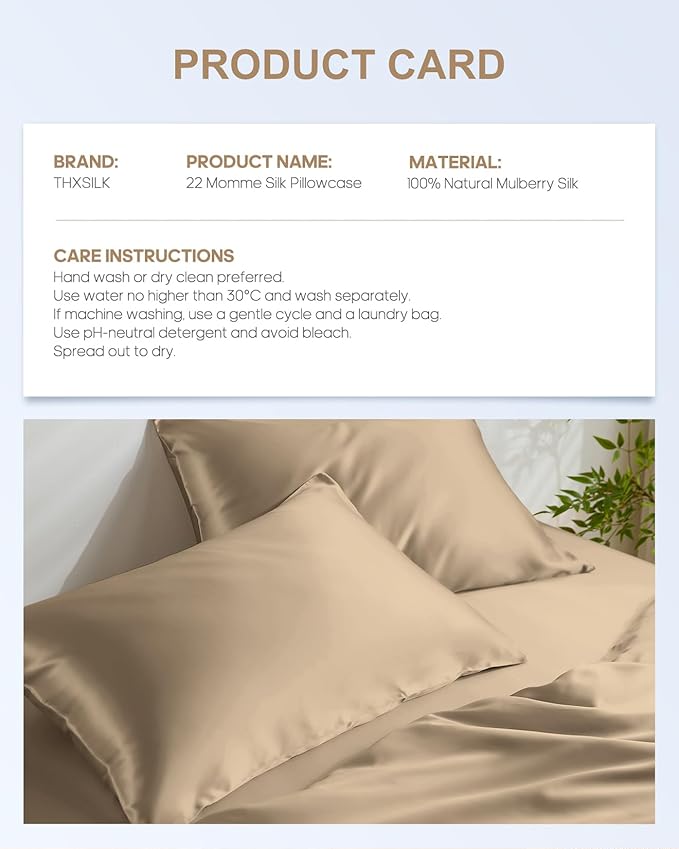 THXSILK 100% Mulberry Silk Pillowcase for Hair and Skin, Grade 6A+ Mulberry Silk Pillow Case 22 Momme, Hypoallergenic Pillow Case Cover with Zipper, 1pc (Queen 20"x30", Taupe)