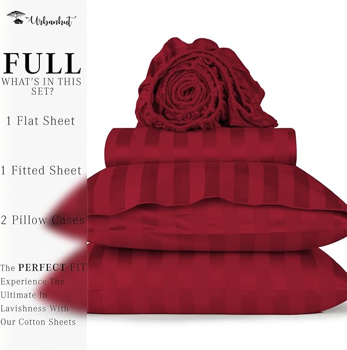 URBANHUT 1000 Thread Count Damask Striped Full Bed Sheets Egyptian Cotton Sheet Set, Long Staple Soft & Breathable, 4 Pc Bed Sheet Sets, Luxury Hotel Sateen Sheets Fits 16" Deep Pocket - Burgundy