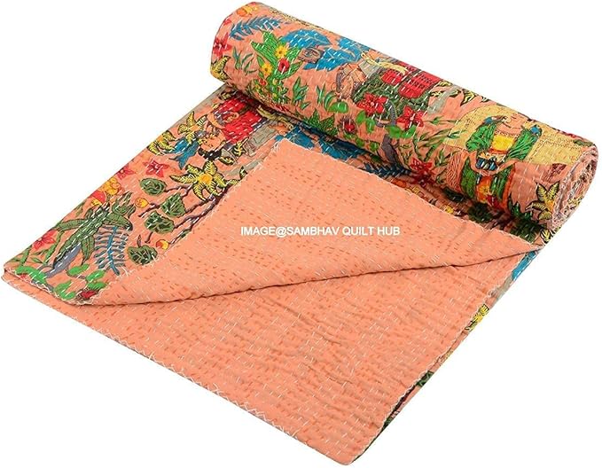 Floral Printed Cotton Quilted Blanket Indian Handmade Bedspread Kantha Work Bohemian Bed Decor Throw Blanket Twin/King/Queen (60X90 inches)