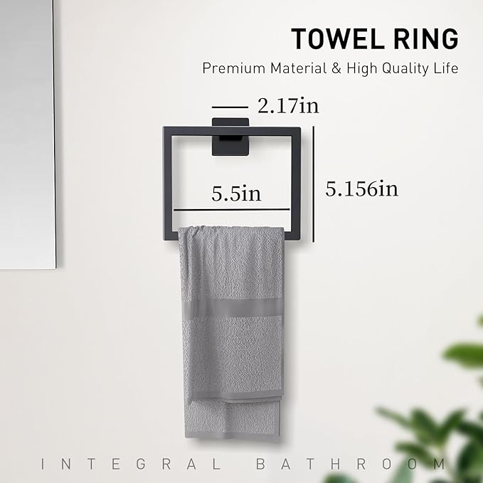 Bathroom Accessory Towel Bar Set: 5 Pieces Matte Black Square Bathroom Hardware SUS304 Stainless Steel - 24 Inch Wall Mounted Towel Rack&Toilet Paper Holder&Towel Ring and Towel Hook