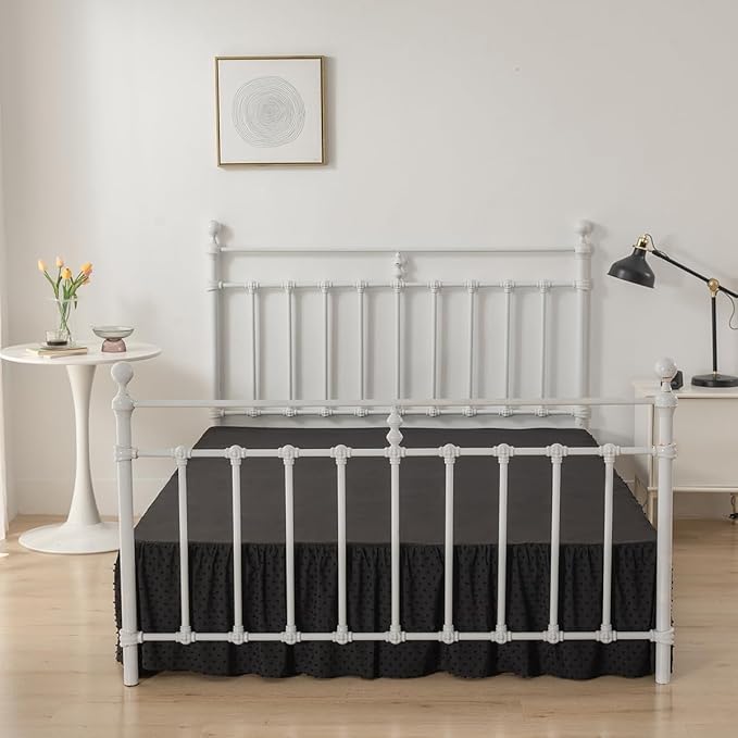 Tufted Dot Bed Skirt Full Size Ruffled Bed Skirt with Split Corners, 14 Inch Drop Dust Ruffle Bed Skirts with Platform, Black
