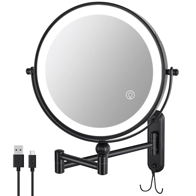 Wall Mounted Lighted Makeup Mirror, 8'' Double Sided 1X/10X Magnifying Rechargeable Vanity Mirror with Lights, 3 Color Lights Height Adjustable 360° Rotation Bathroom Mirror with Hook