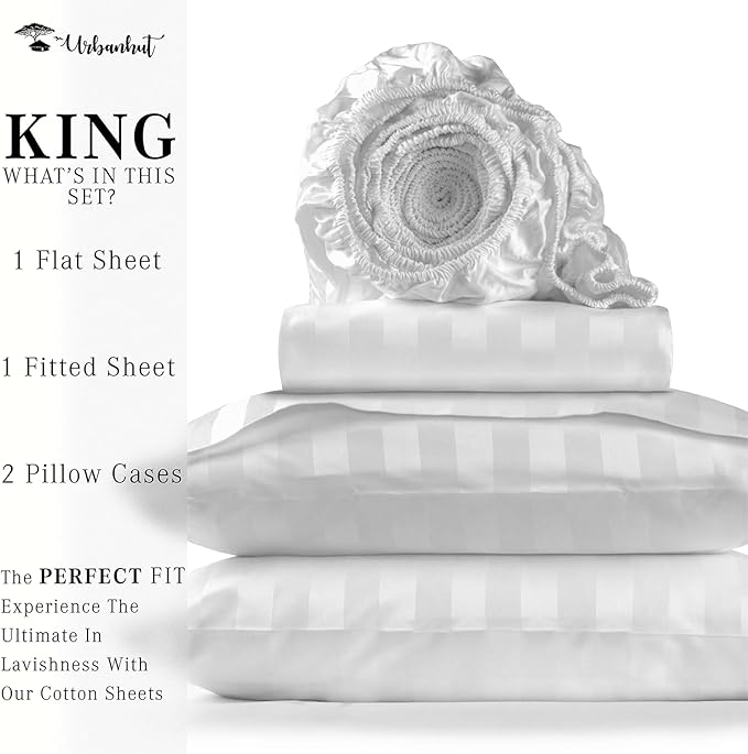 URBANHUT 1000 Thread Count Egyptian Cotton Sheets Damask Striped King Size, Long Staple Soft & Breathable, 4 Pc Bed Sheet Sets, Luxury Hotel Sateen Sheets Fits 16" Deep Pocket - White