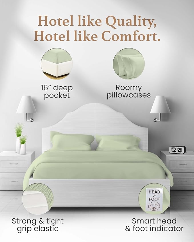 4 Pc Sage Twin Sheet Set for Twin Mattress, Egyptian Cotton Twin Bed Sheets for Twin Size Bed, Soft Breathable 16 Inch Deep Pocket Twin Bed Set - 1 Fitted Sheet, 1 Flat Sheet & 2 Pillow Case