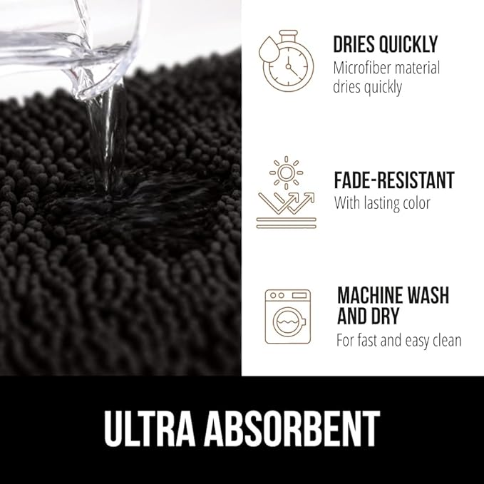GORILLA GRIP Bathroom Rug Sets 3 Piece, Bath Mat Set and Oval Toilet Base with Rubber Backing, Plush Absorbent Shaggy Chenille Washable Mats, Includes 24x19.5, 24x17 and 36x24 Inch Rugs, Black