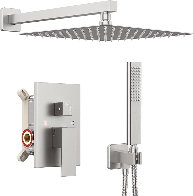 Iriber Brushed Nickle Shower System 10 Inch High Pressure Rainfall Shower Head Brass Shower Set Bathroom Rain Shower Mixer Shower Valve Modern Rain Shower and Shower Faucet and Handheld Combo Set