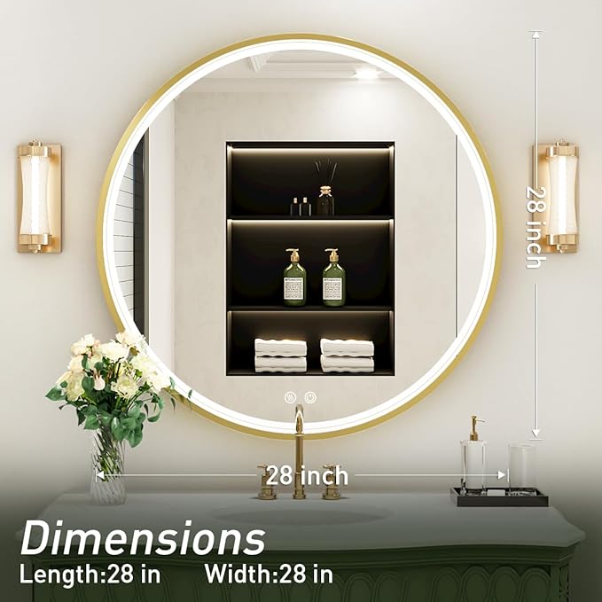 28" Round LED Bathroom Mirror, Dimmable Anti-Fog Vanity Mirror with Touch Control, 6000K Natural Light, Gold Metal Frame, Wall Mounted for Makeup Shaving (IP54, 90+ CRI)