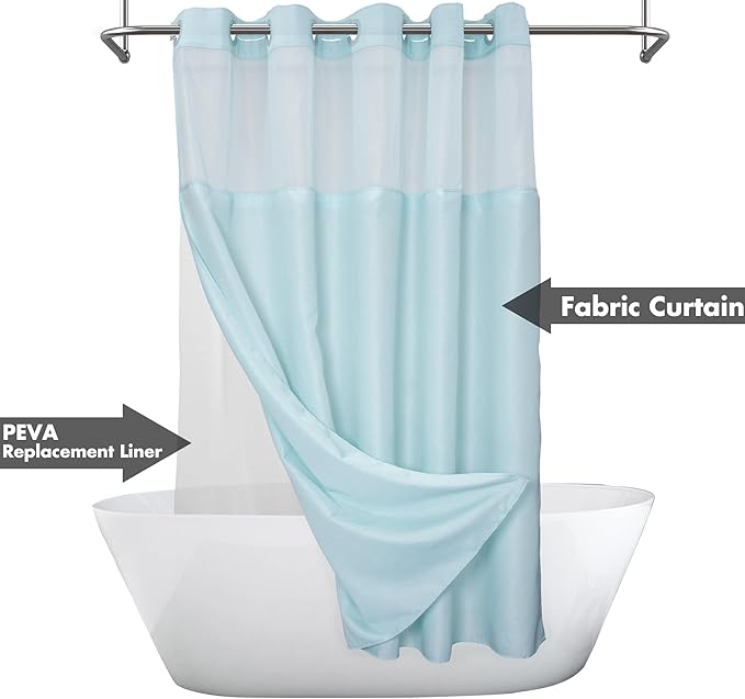 River Dream Extra Long No Hook Slub Textured Shower Curtain with Snap-in PEVA Liner Set - 71" x 86"(84"), Hotel Style with See Through Top Window, Blue Fabric Curtain & Waterproof Liner, Blue, 71x86