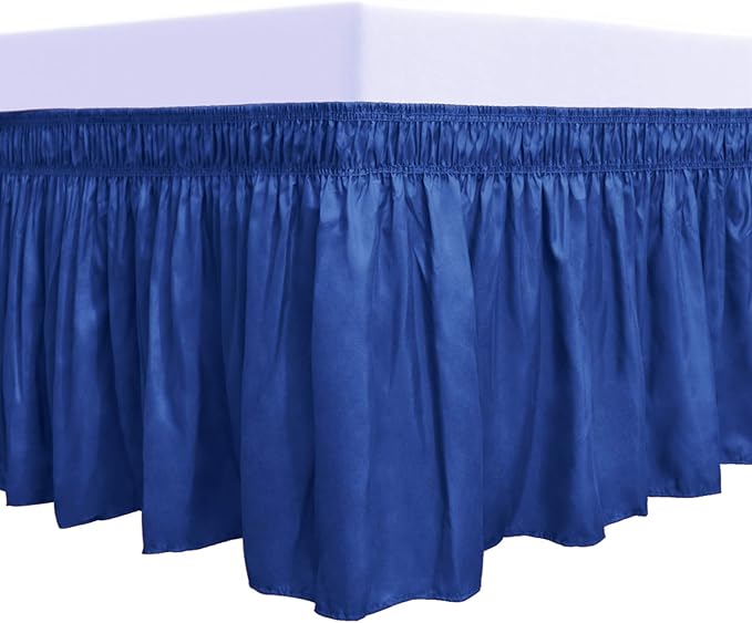 PureFit Wrap Around Ruffled Bed Skirt with Adjustable Elastic Belt - 22 Inch Drop Easy to Put On, Wrinkle Free Bedskirt Dust Ruffles, Bed Frame Cover for Queen, King and C-King Size Bed, Classic Blue
