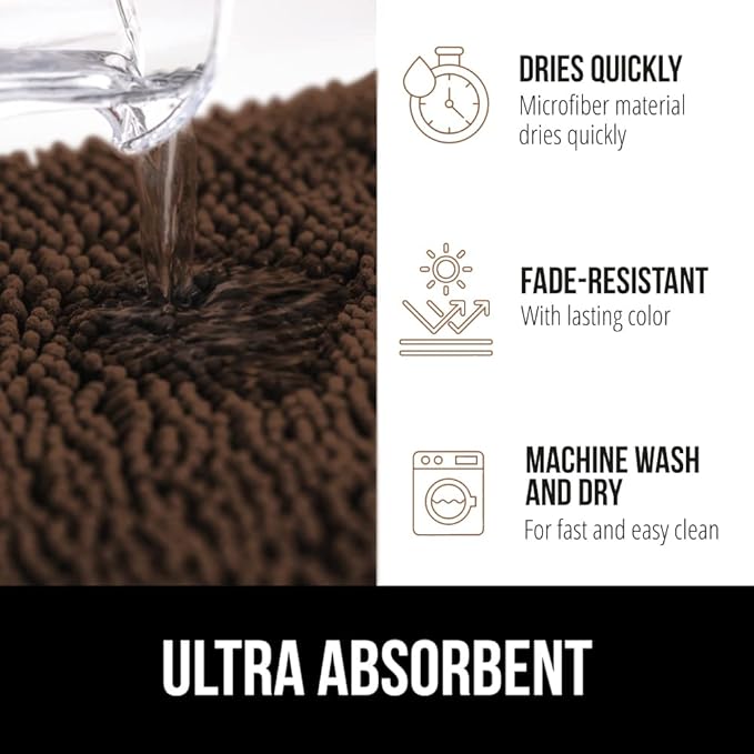 GORILLA GRIP Bath Rug Mat, Thick Soft Absorbent Chenille, Quick Dry Microfiber Mats, Rubber Backing Washable Shower Floor Rugs, Bathmat Runner, US Designed Bathroom Home Decor Accessories 24x17, Brown