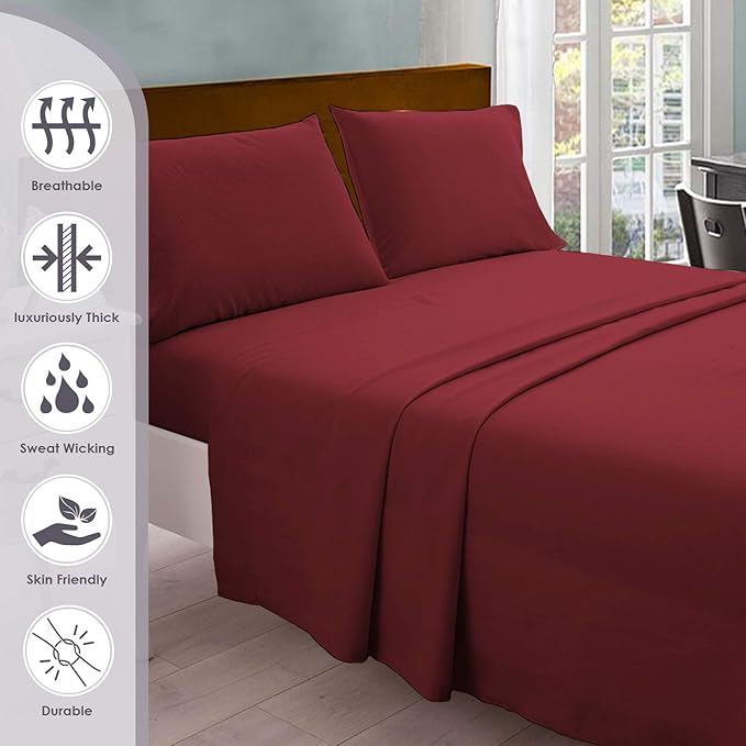 Pizuna Pure 100% Cotton Sheets 6pc Queen Size, 800 Thread Count Long Staple Cotton Crisp Sateen Sheets 6pc Queen with 15" Deep Pocket (Combed Rio Red Cotton Sheets 6pc Queen)
