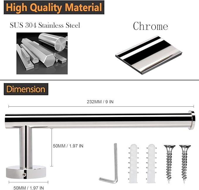 Hand Towel Holder - 9" Modern Design Towel Ring, Thicken SUS 304 Stainless Steel Towel Holder for Bathroom Wall, Contemporary Hand Towel Rack - Chrome