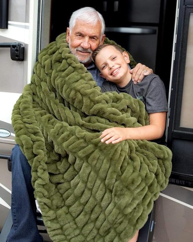 Minky Couture Hugs Blanket - Extra Plush Blanket for Premium Gifting - Stretchy Bubbled Cozy Throw - Silky Smooth - Durable & Machine-Washable - Travel-Friendly - Grande, Camp Green