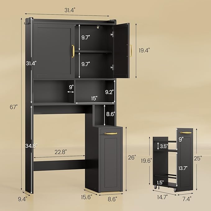 Over The Toilet Storage Cabinet with Pulley Small Bathroom Storage Cabinet, Space Saver W/Adjustable Shelf & Open Shelf for Bathroom, Restroom, Laundry (Black)