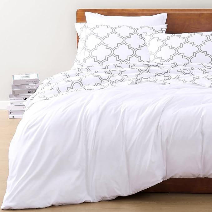 LANE LINEN 100% Organic Cotton Printed Sheets Queen Size Bed Set, Fade Resistant Fully Elasticized Reinforsed Seam in Fitted Sheets Pocket, Avaialbe in Variety of Prints- Trellis Silver