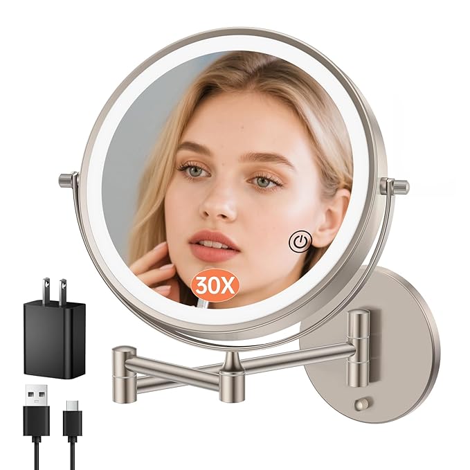 FUNTOUCH 9" 30X/1X Magnifying Wall Mounted Lighted Makeup Mirror, 4500mAh Rechargeable Double Sided Mirror with Light, 3 Color Lights,Touch Dimmable, 360 Rotation Extended Arm for Bathroom,Nickel