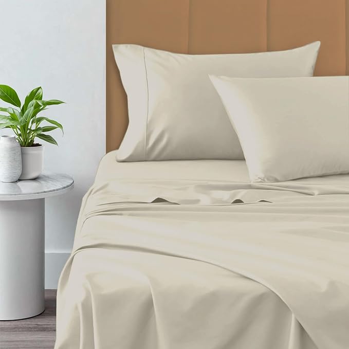 Pizuna Pure 100% Cotton King Size Sheets, 800 Thread Count Long Staple Cotton Crisp Sateen with 15in Deep Pocket (Combed New Ivory)
