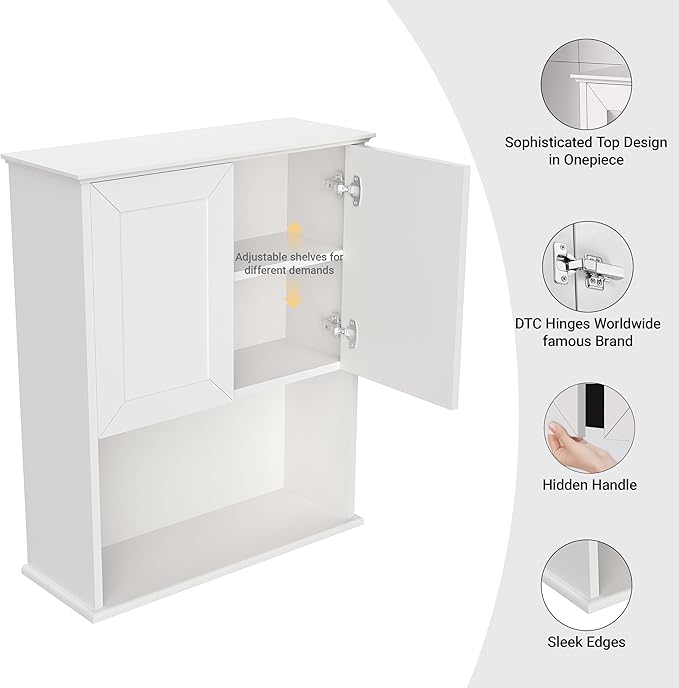 Bathroom Wall Cabinet Wooden with 2 Doors,Over the Toilet Storage Cabinet,Bathroom and Laundry Wall Mount Storage Medicine Cabinet with Open and Adjustable Shelf,Easy Assembly (Style A -1 PC, White)