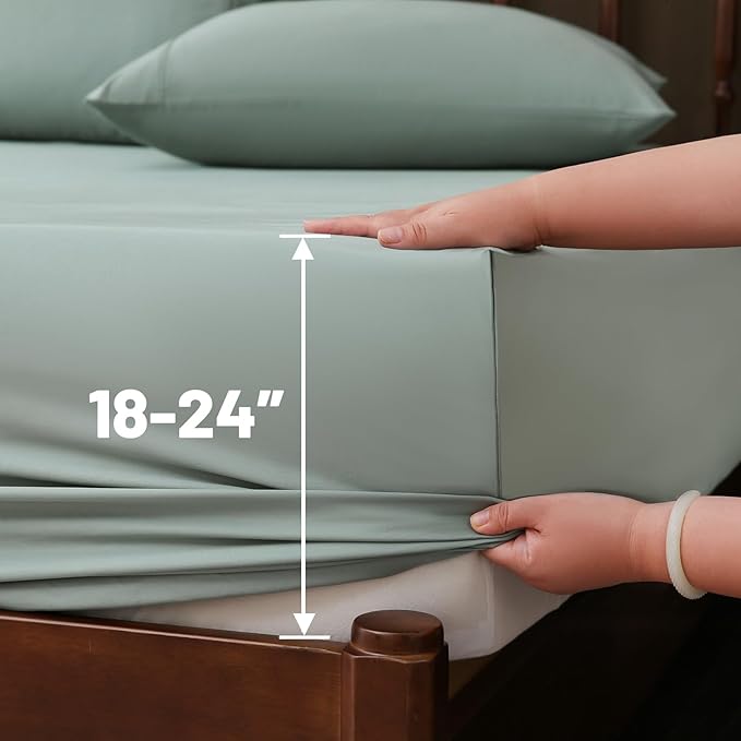 Extra Deep Pocket California King Sheets 18-24 Inch 1000 Thread Count 100% Egyptian Cotton Sateen Weave Soft Breathable 4 Pieces（California King,Sage Green）