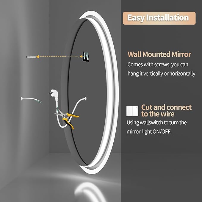 LUVODI Lighted LED Bathroom Mirror: 24”Round Wall Mounted Large Lighted Makeup Mirror with Bright Back Lit - Illuminated Dimmable 3 Colors Vanity Mirrors with Demister Pad Smart Touch Switch