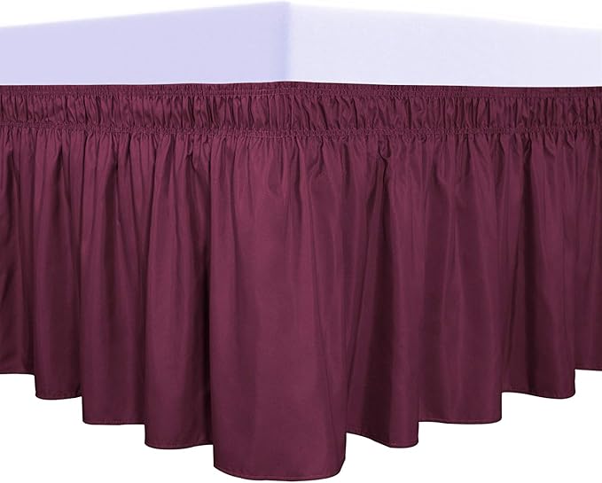 PureFit Wrap Around Ruffled Bed Skirt with Adjustable Elastic Belt - 14 Inch Drop Easy to Put On, Wrinkle Free Bedskirt Dust Ruffles, Bed Frame Cover for Queen, King and C-King Size Beds, Wine