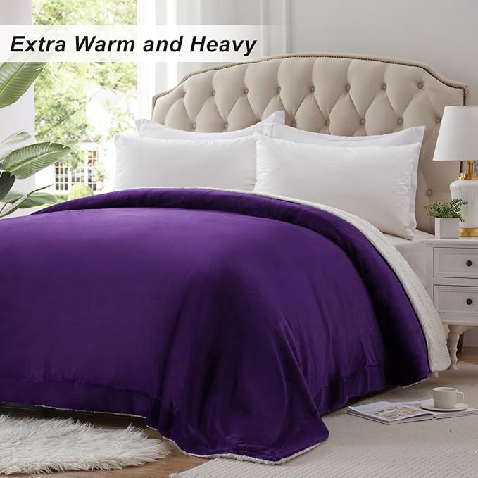 KAWAHOME Sherpa Fleece Queen Size Blanket for Bed - Extra Warm and Heavy Thick Blankets for Winter, Super Soft 500GSM Plush Blanket, 90"X 90" Purple