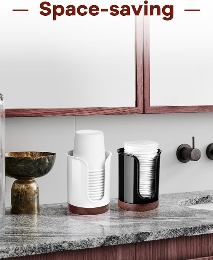 Premium Bathroom Cup Dispenser Countertop - Paper Cup Holder for 5 6 oz Bathroom Cups, Bathroom Storage Organization - PC/Walnut, Black, Pack of 1